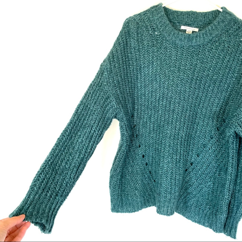 American Eagle Teal Crewneck Pointelle Knit Sweater Size small - Picture 5 of 7